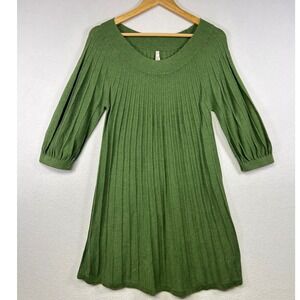 Leo & Nicole Olive Green Ribbed Pleated V Neck 3/4 Sleeve A-Line Dress XL